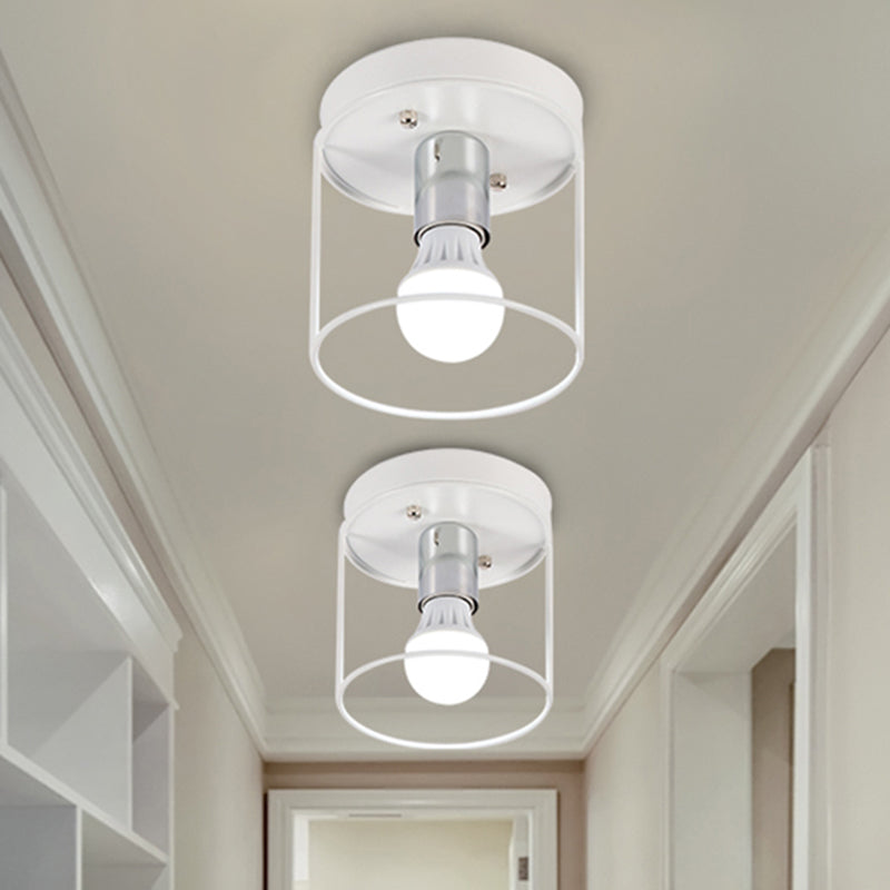 Cylinder Corridor Flushmount Light Industrial Metal One Light Black/White Ceiling Lighting with Cage White Clearhalo 'Ceiling Lights' 'Close To Ceiling Lights' 'Close to ceiling' 'Semi-flushmount' Lighting' 205500