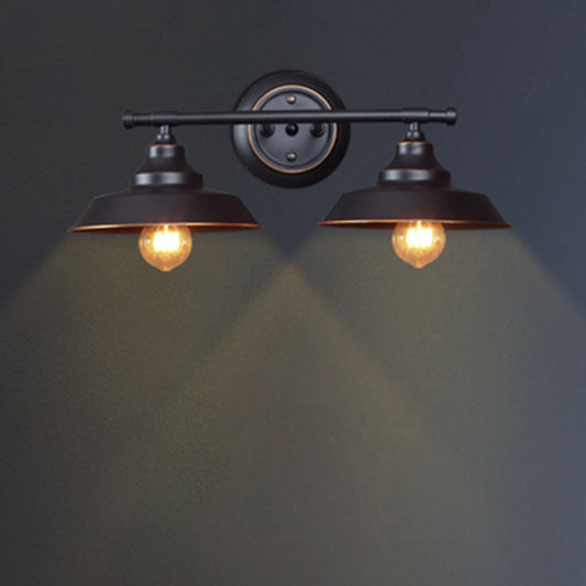2-Light Barn Shade Wall Lamp Industrial Matte Black Metal Sconce Light Fixture for Living Room with Round Backplate Black Clearhalo 'Art deco wall lights' 'Cast Iron' 'Glass' 'Industrial wall lights' 'Industrial' 'Middle century wall lights' 'Modern' 'Rustic wall lights' 'Tiffany' 'Traditional wall lights' 'Wall Lamps & Sconces' 'Wall Lights' Lighting' 205521