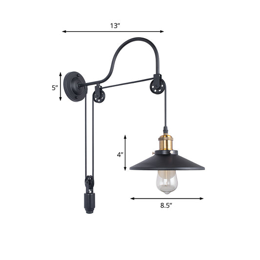 Wide Flare Metal Sconce Lighting Industrial Single Bulb Dining Room Wall Mounted Lamp in Black with Pulley Clearhalo 'Art deco wall lights' 'Cast Iron' 'Glass' 'Industrial wall lights' 'Industrial' 'Middle century wall lights' 'Modern' 'Rustic wall lights' 'Tiffany' 'Traditional wall lights' 'Wall Lamps & Sconces' 'Wall Lights' Lighting' 205538