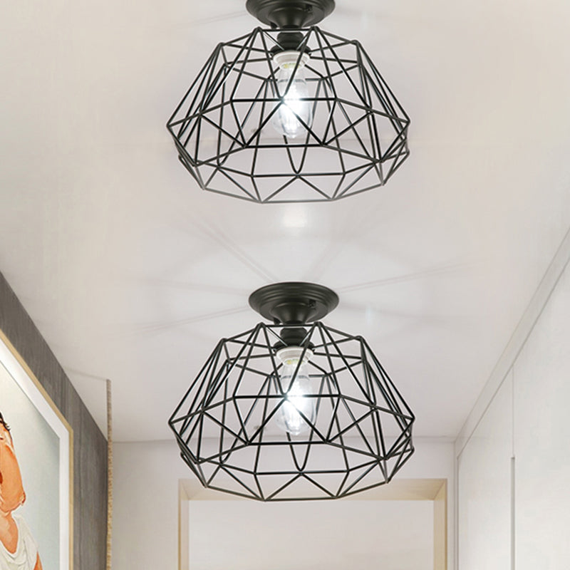 One Light Geometric Shaped Semi Flush Light Industrial Black Metal Lighting Fixture with Cage Black Clearhalo 'Ceiling Lights' 'Close To Ceiling Lights' 'Close to ceiling' 'Semi-flushmount' Lighting' 205560