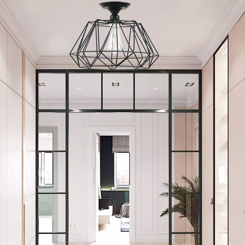 One Light Geometric Shaped Semi Flush Light Industrial Black Metal Lighting Fixture with Cage Clearhalo 'Ceiling Lights' 'Close To Ceiling Lights' 'Close to ceiling' 'Semi-flushmount' Lighting' 205561