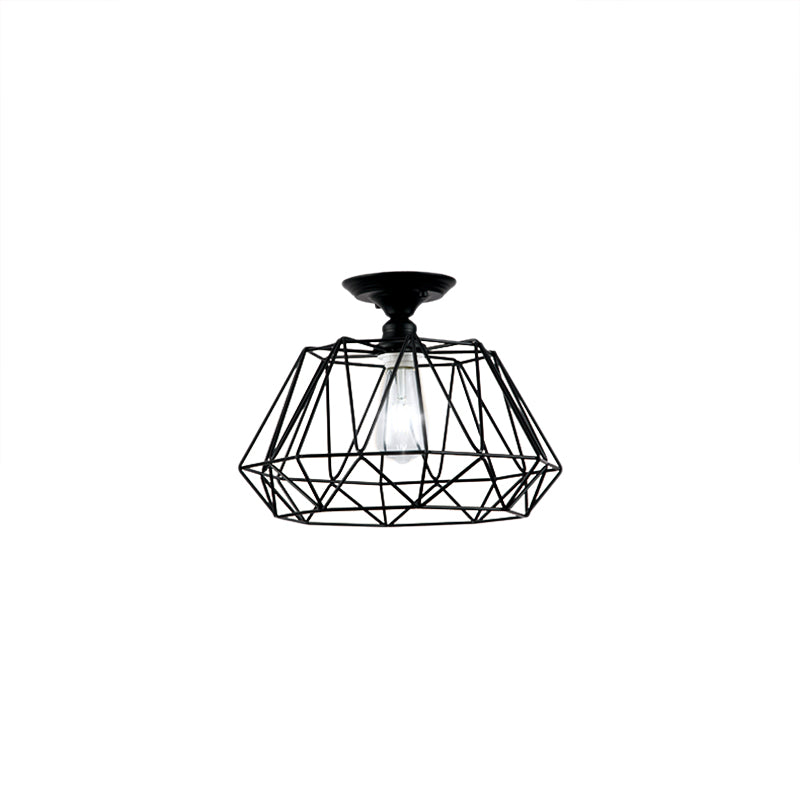 One Light Geometric Shaped Semi Flush Light Industrial Black Metal Lighting Fixture with Cage Clearhalo 'Ceiling Lights' 'Close To Ceiling Lights' 'Close to ceiling' 'Semi-flushmount' Lighting' 205562