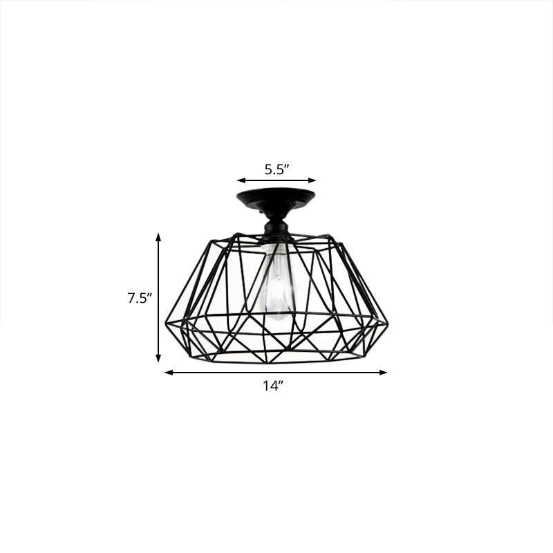 One Light Geometric Shaped Semi Flush Light Industrial Black Metal Lighting Fixture with Cage Clearhalo 'Ceiling Lights' 'Close To Ceiling Lights' 'Close to ceiling' 'Semi-flushmount' Lighting' 205563