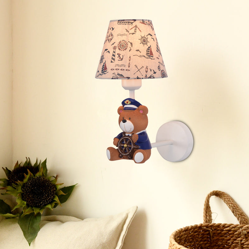 Kids Toy Bear Wall Light with Tapered Shade One Light Resin Wall Sconce in Beige for Child Bedroom Beige Clearhalo 'Wall Lamps & Sconces' 'Wall Lights' Lighting' 205564