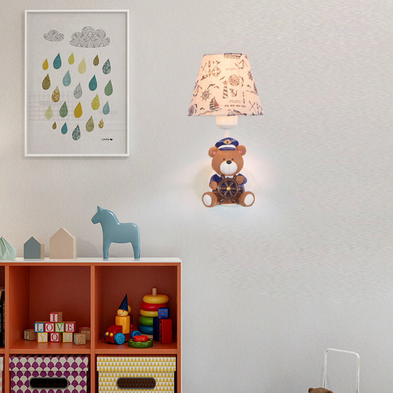 Kids Toy Bear Wall Light with Tapered Shade One Light Resin Wall Sconce in Beige for Child Bedroom Clearhalo 'Wall Lamps & Sconces' 'Wall Lights' Lighting' 205565