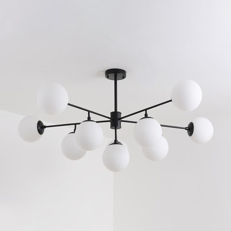 Black/Gold Branch Chandelier Modern 7/9/11-Light Iron Ceiling Pendant with White Glass Ball Shade 11 Black Clearhalo 'Ceiling Lights' 'Chandeliers' 'Glass shade' 'Glass' 'Modern Chandeliers' 'Modern' Lighting' 205579