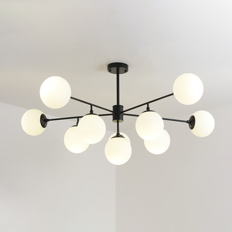 Black/Gold Branch Chandelier Modern 7/9/11-Light Iron Ceiling Pendant with White Glass Ball Shade Clearhalo 'Ceiling Lights' 'Chandeliers' 'Glass shade' 'Glass' 'Modern Chandeliers' 'Modern' Lighting' 205580