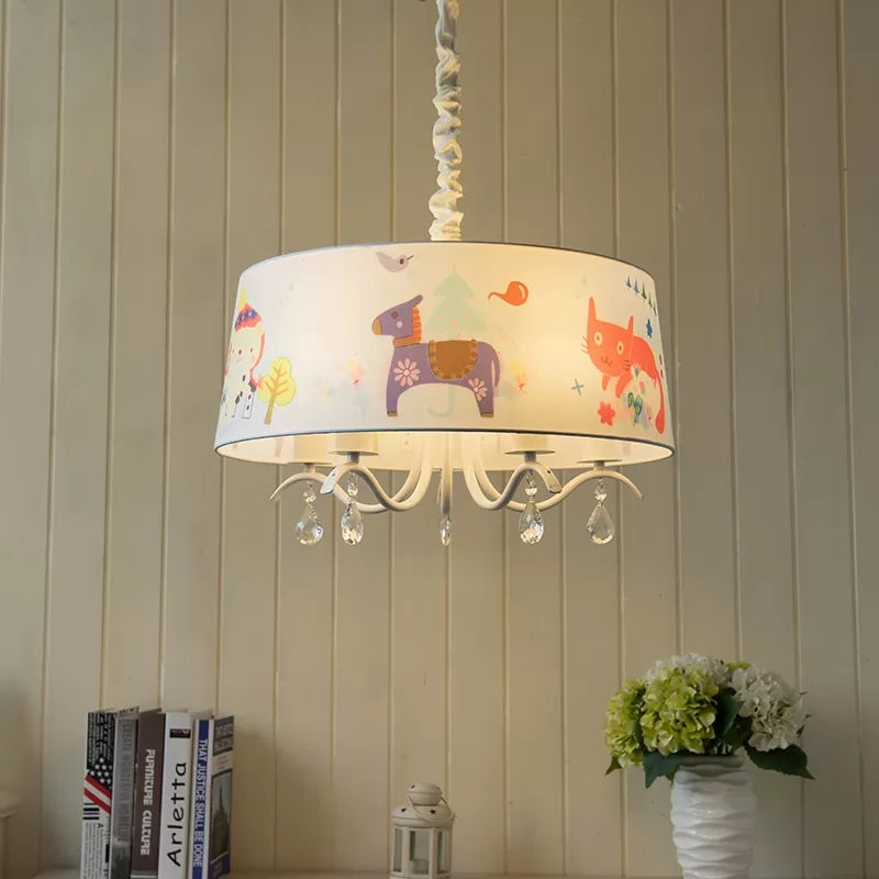 Modern Stylish Drum Chandelier Fabric Metal Hanging Lamp in White for Child Bedroom White Clearhalo 'Ceiling Lights' 'Chandeliers' Lighting' options 205585_1e565921-4309-42a0-9c92-ecc0b94b8f16