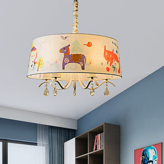Modern Stylish Drum Chandelier Fabric Metal Hanging Lamp in White for Child Bedroom Clearhalo 'Ceiling Lights' 'Chandeliers' Lighting' options 205586