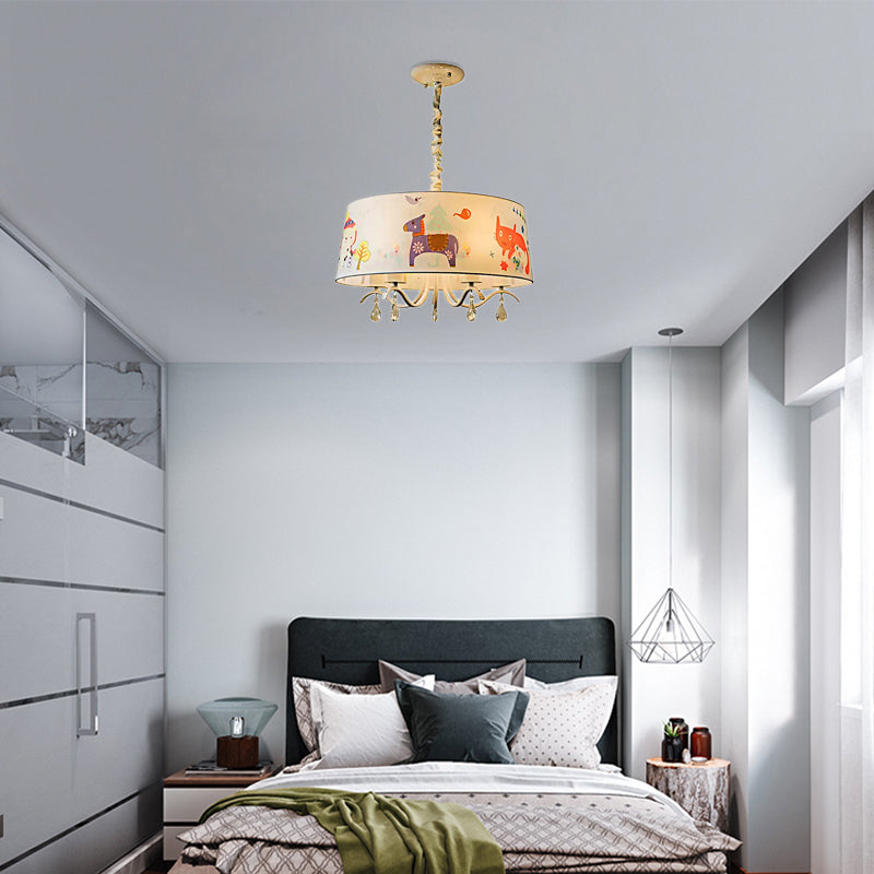 Modern Stylish Drum Chandelier Fabric Metal Hanging Lamp in White for Child Bedroom Clearhalo 'Ceiling Lights' 'Chandeliers' Lighting' options 205588