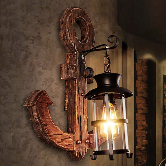Bronze One Light Sconce Light Industrial Clear Glass Cylinder Wall Lighting Fixture with Cage and Wooden Anchor Backplate Bronze Clearhalo 'Art deco wall lights' 'Cast Iron' 'Glass' 'Industrial wall lights' 'Industrial' 'Middle century wall lights' 'Modern' 'Rustic wall lights' 'Tiffany' 'Traditional wall lights' 'Wall Lamps & Sconces' 'Wall Lights' Lighting' 205670