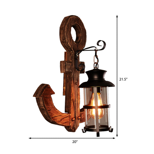 Bronze One Light Sconce Light Industrial Clear Glass Cylinder Wall Lighting Fixture with Cage and Wooden Anchor Backplate Clearhalo 'Art deco wall lights' 'Cast Iron' 'Glass' 'Industrial wall lights' 'Industrial' 'Middle century wall lights' 'Modern' 'Rustic wall lights' 'Tiffany' 'Traditional wall lights' 'Wall Lamps & Sconces' 'Wall Lights' Lighting' 205673