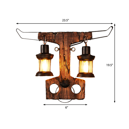 2-Light Wall Lamp Lighting Rustic Style Lantern Clear Glass Sconce Light Fixture in Black with Wooden Backplate Clearhalo 'Art deco wall lights' 'Cast Iron' 'Glass' 'Industrial wall lights' 'Industrial' 'Middle century wall lights' 'Modern' 'Rustic wall lights' 'Tiffany' 'Traditional wall lights' 'Wall Lamps & Sconces' 'Wall Lights' Lighting' 205701