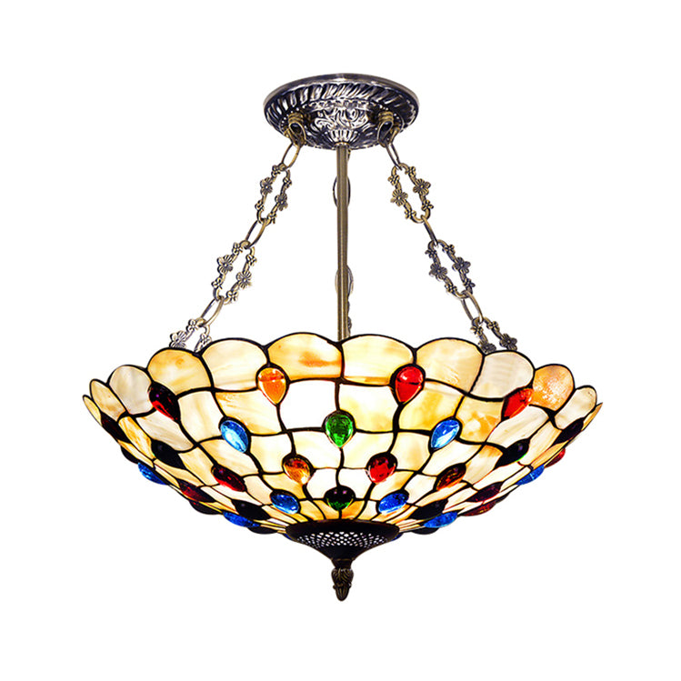 16"/18" W Tiffany Ceiling Lighting 3 Lights Jeweled Semi Flush Light in Beige with Chain and Art Glass Shade Beige 18" Clearhalo 'Ceiling Lights' 'Close To Ceiling Lights' 'Close to ceiling' 'Glass shade' 'Glass' 'Semi-flushmount' 'Tiffany close to ceiling' 'Tiffany' Lighting' 20571