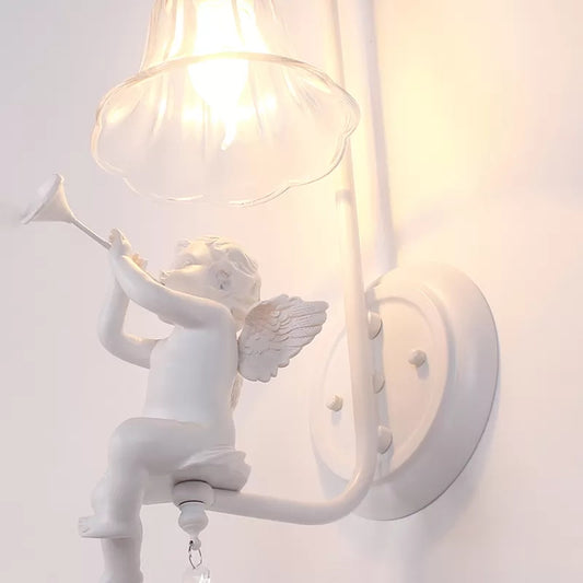 Modern White Wall Light Bell Shade 1 Head Metal Wall Lamp with Angel for Child Bedroom Clearhalo 'Wall Lamps & Sconces' 'Wall Lights' Lighting' 205716