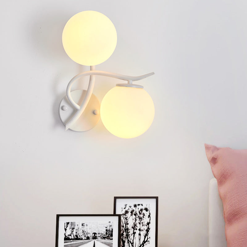 Simple Style Globe Wall Lamp 2 Heads Milk Glass Sconce Light in White for Adult Bedroom Clearhalo 'Wall Lamps & Sconces' 'Wall Lights' Lighting' 205721