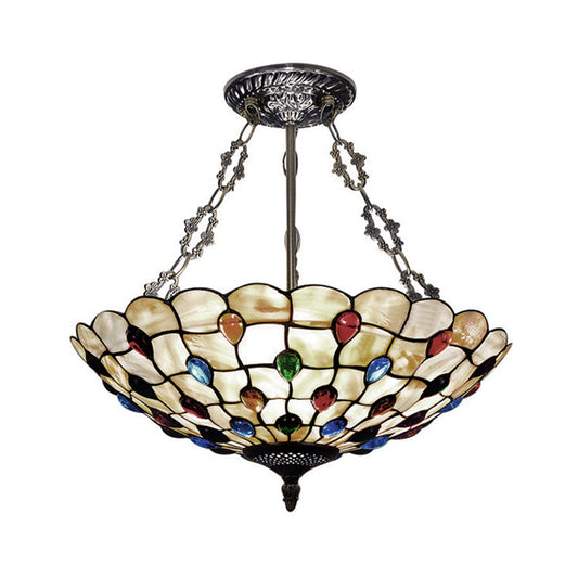 16"/18" W Tiffany Ceiling Lighting 3 Lights Jeweled Semi Flush Light in Beige with Chain and Art Glass Shade Clearhalo 'Ceiling Lights' 'Close To Ceiling Lights' 'Close to ceiling' 'Glass shade' 'Glass' 'Semi-flushmount' 'Tiffany close to ceiling' 'Tiffany' Lighting' 20572