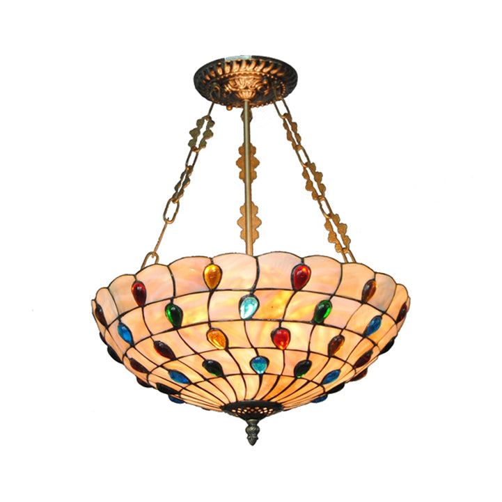 16"/18" W Tiffany Ceiling Lighting 3 Lights Jeweled Semi Flush Light in Beige with Chain and Art Glass Shade Beige 16" Clearhalo 'Ceiling Lights' 'Close To Ceiling Lights' 'Close to ceiling' 'Glass shade' 'Glass' 'Semi-flushmount' 'Tiffany close to ceiling' 'Tiffany' Lighting' 20573