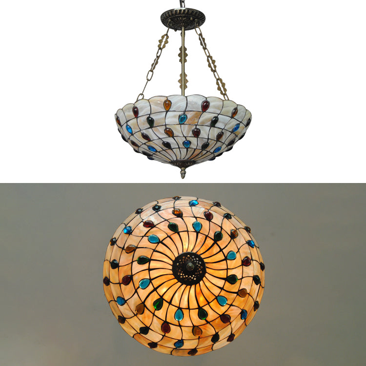 16"/18" W Tiffany Ceiling Lighting 3 Lights Jeweled Semi Flush Light in Beige with Chain and Art Glass Shade Clearhalo 'Ceiling Lights' 'Close To Ceiling Lights' 'Close to ceiling' 'Glass shade' 'Glass' 'Semi-flushmount' 'Tiffany close to ceiling' 'Tiffany' Lighting' 20574