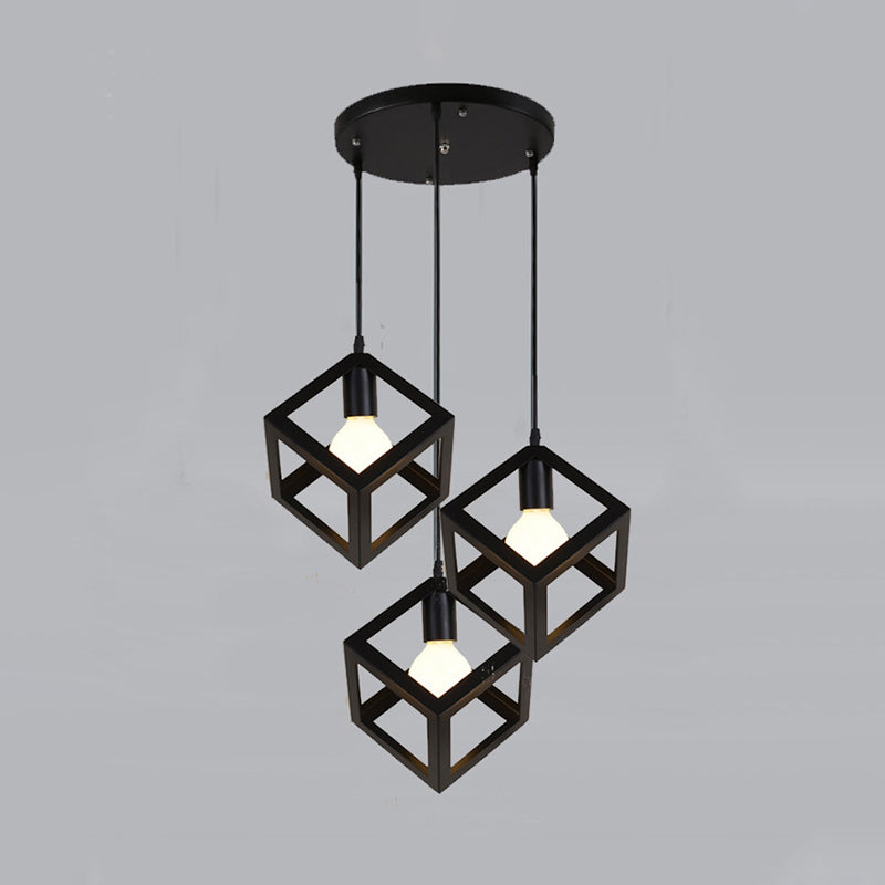 Geometrical Cage Dining Room Multi Ceiling Lamp Vintage Metal 3 Heads Black Suspension Light Clearhalo 'Art Deco Pendants' 'Black' 'Cast Iron' 'Ceiling Lights' 'Ceramic' 'Crystal' 'Industrial Pendants' 'Industrial' 'Metal' 'Middle Century Pendants' 'Pendant Lights' 'Pendants' 'Rustic Pendants' 'Tiffany' Lighting' 2057442