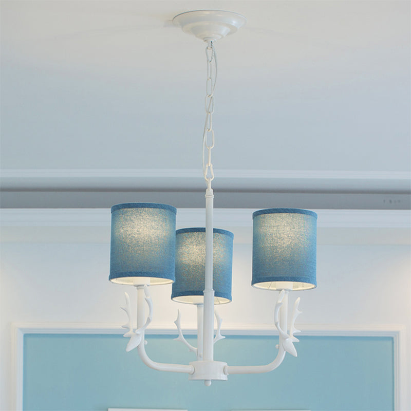 Cylinder Living Room Suspension Light with Antlers Metal Rustic Style Chandelier 3 Blue Clearhalo 'Ceiling Lights' 'Chandeliers' Lighting' options 205744_e2a08a01-439f-44df-b726-abe7a93683c0