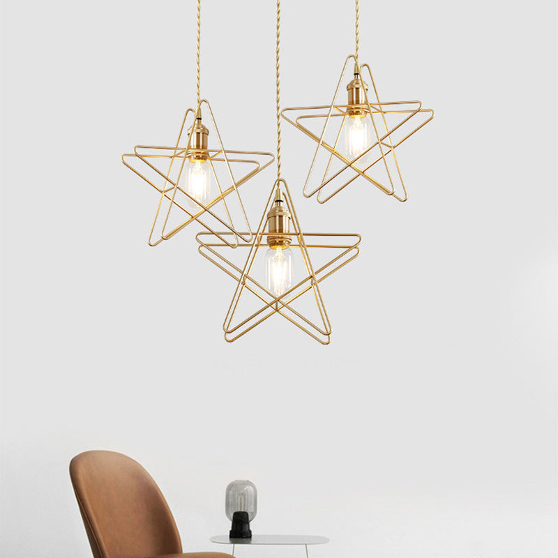 Gold Star Cage Multi Ceiling Light Simplicity Metal 3 Bulbs Dining Room Hanging Light Clearhalo 'Art Deco Pendants' 'Cast Iron' 'Ceiling Lights' 'Ceramic' 'Crystal' 'Industrial Pendants' 'Industrial' 'Metal' 'Middle Century Pendants' 'Pendant Lights' 'Pendants' 'Tiffany' Lighting' 2057472