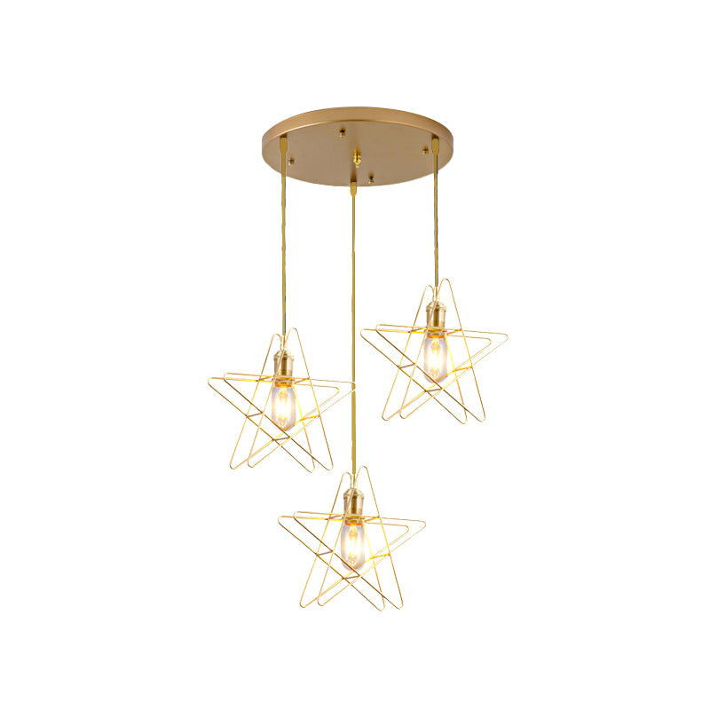 Gold Star Cage Multi Ceiling Light Simplicity Metal 3 Bulbs Dining Room Hanging Light Clearhalo 'Art Deco Pendants' 'Cast Iron' 'Ceiling Lights' 'Ceramic' 'Crystal' 'Industrial Pendants' 'Industrial' 'Metal' 'Middle Century Pendants' 'Pendant Lights' 'Pendants' 'Tiffany' Lighting' 2057473