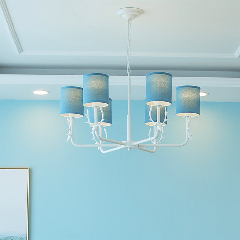 Cylinder Living Room Suspension Light with Antlers Metal Rustic Style Chandelier 6 Blue Clearhalo 'Ceiling Lights' 'Chandeliers' Lighting' options 205750_0cef4636-98ea-491e-b7e2-8591f1a376e9