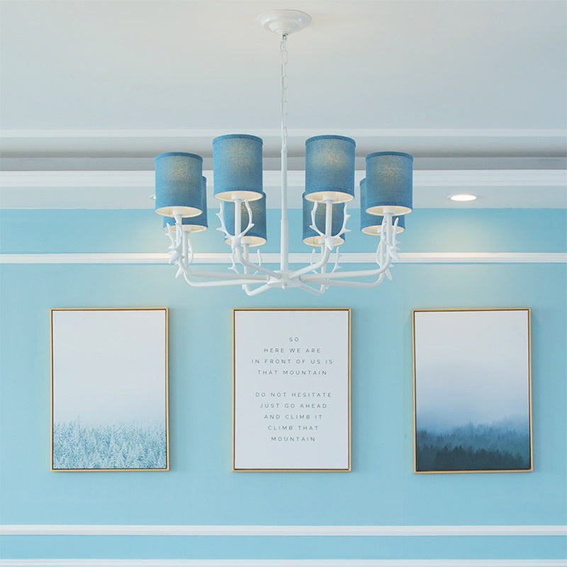 Cylinder Living Room Suspension Light with Antlers Metal Rustic Style Chandelier 8 Blue Clearhalo 'Ceiling Lights' 'Chandeliers' Lighting' options 205756_f5b839d9-70ee-4e35-9eb4-7dfa5a8674a8