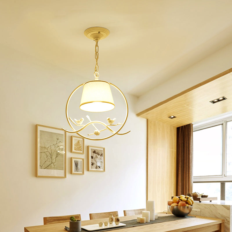 1 Light Bucket Pendant Lamp with Bird Rustic Metal Hanging Lamp in Beige for Restaurant Clearhalo 'Ceiling Lights' 'Pendant Lights' 'Pendants' Lighting' 205766