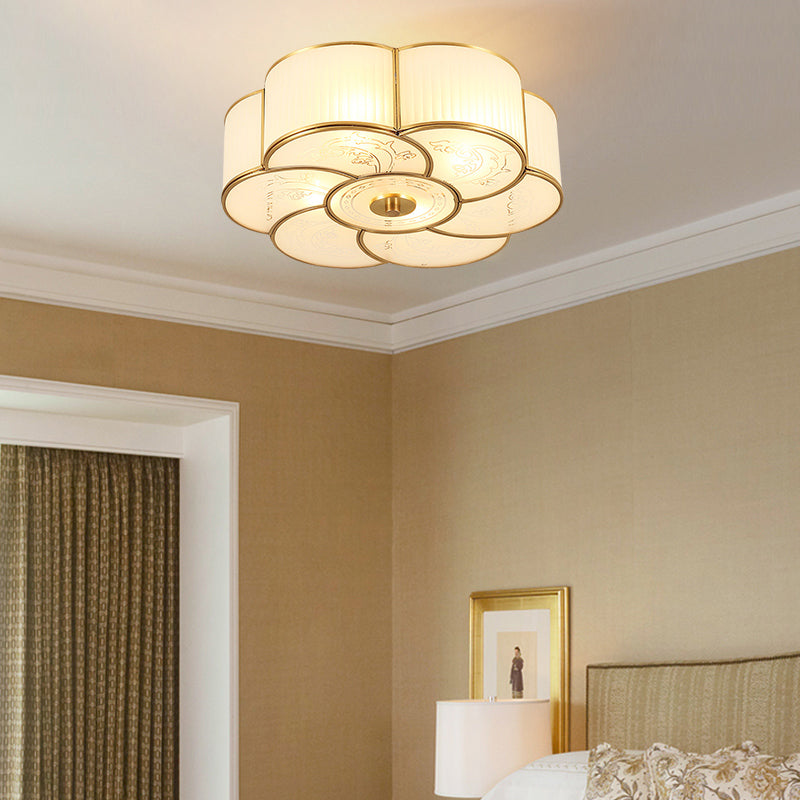 Flower-Shaped Frost Glass Ceiling Light Simplicity Bedroom Flush Light Fixture in Brass Clearhalo 'Ceiling Lights' 'Close To Ceiling Lights' 'Close to ceiling' 'Flush mount' Lighting' 2057696