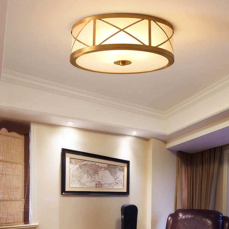 Cream Glass Drum Shaped Flush Mount Lighting Classic Corridor Flush Mount Fixture in Gold Gold Clearhalo 'Ceiling Lights' 'Close To Ceiling Lights' 'Close to ceiling' 'Flush mount' Lighting' 2057699