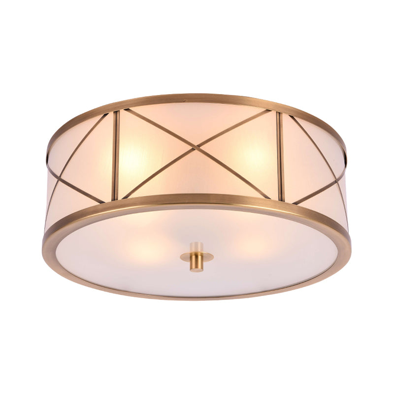 Cream Glass Drum Shaped Flush Mount Lighting Classic Corridor Flush Mount Fixture in Gold Clearhalo 'Ceiling Lights' 'Close To Ceiling Lights' 'Close to ceiling' 'Flush mount' Lighting' 2057703