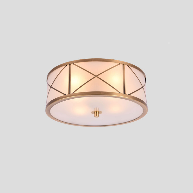 Cream Glass Drum Shaped Flush Mount Lighting Classic Corridor Flush Mount Fixture in Gold Clearhalo 'Ceiling Lights' 'Close To Ceiling Lights' 'Close to ceiling' 'Flush mount' Lighting' 2057705