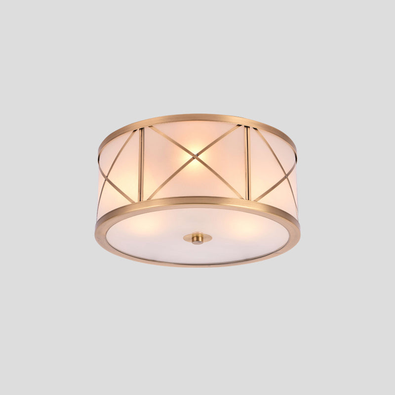 Cream Glass Drum Shaped Flush Mount Lighting Classic Corridor Flush Mount Fixture in Gold Clearhalo 'Ceiling Lights' 'Close To Ceiling Lights' 'Close to ceiling' 'Flush mount' Lighting' 2057706