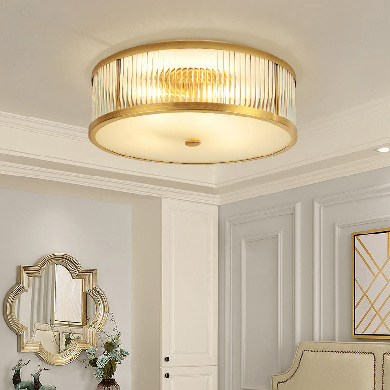 Gold Drum Flush Mount Lighting Minimalism Ribbed Glass 4 Heads Bedroom Flush Mount Ceiling Light Clearhalo 'Ceiling Lights' 'Close To Ceiling Lights' 'Close to ceiling' 'Flush mount' Lighting' 2057708