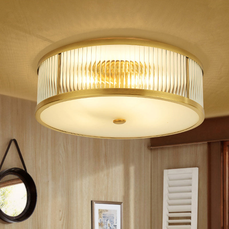 Gold Drum Flush Mount Lighting Minimalism Ribbed Glass 4 Heads Bedroom Flush Mount Ceiling Light Clearhalo 'Ceiling Lights' 'Close To Ceiling Lights' 'Close to ceiling' 'Flush mount' Lighting' 2057710