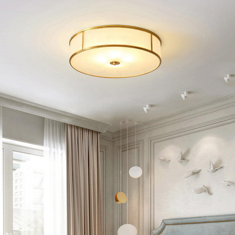 Opal Glass Cylinder Shaped Flush Mount Traditional Bedroom Flushmount Ceiling Light in Gold Gold Clearhalo 'Ceiling Lights' 'Close To Ceiling Lights' 'Close to ceiling' 'Flush mount' Lighting' 2057730