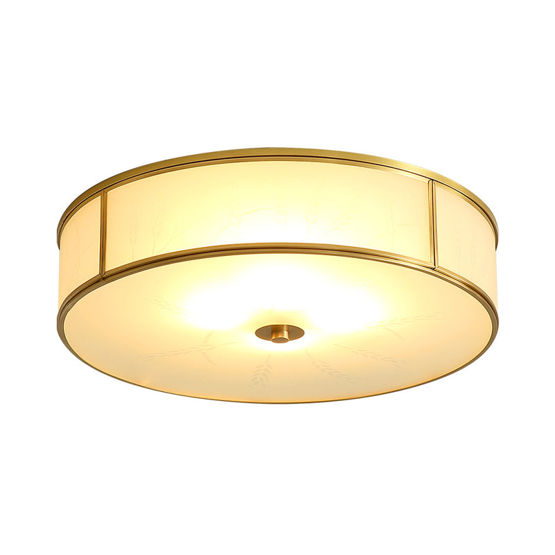 Opal Glass Cylinder Shaped Flush Mount Traditional Bedroom Flushmount Ceiling Light in Gold Clearhalo 'Ceiling Lights' 'Close To Ceiling Lights' 'Close to ceiling' 'Flush mount' Lighting' 2057734