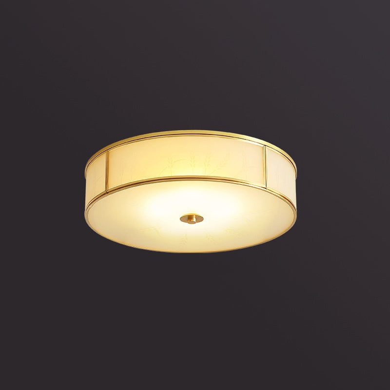 Opal Glass Cylinder Shaped Flush Mount Traditional Bedroom Flushmount Ceiling Light in Gold Clearhalo 'Ceiling Lights' 'Close To Ceiling Lights' 'Close to ceiling' 'Flush mount' Lighting' 2057735