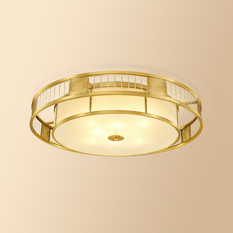 Drum Shaped Living Room Flush Mount Light Classic Cream Glass Gold Flush Mount Fixture with Cutout Metal Decor Gold Clearhalo 'Ceiling Lights' 'Close To Ceiling Lights' 'Close to ceiling' 'Flush mount' Lighting' 2057741