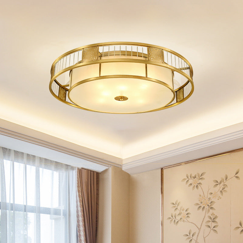 Drum Shaped Living Room Flush Mount Light Classic Cream Glass Gold Flush Mount Fixture with Cutout Metal Decor Clearhalo 'Ceiling Lights' 'Close To Ceiling Lights' 'Close to ceiling' 'Flush mount' Lighting' 2057742