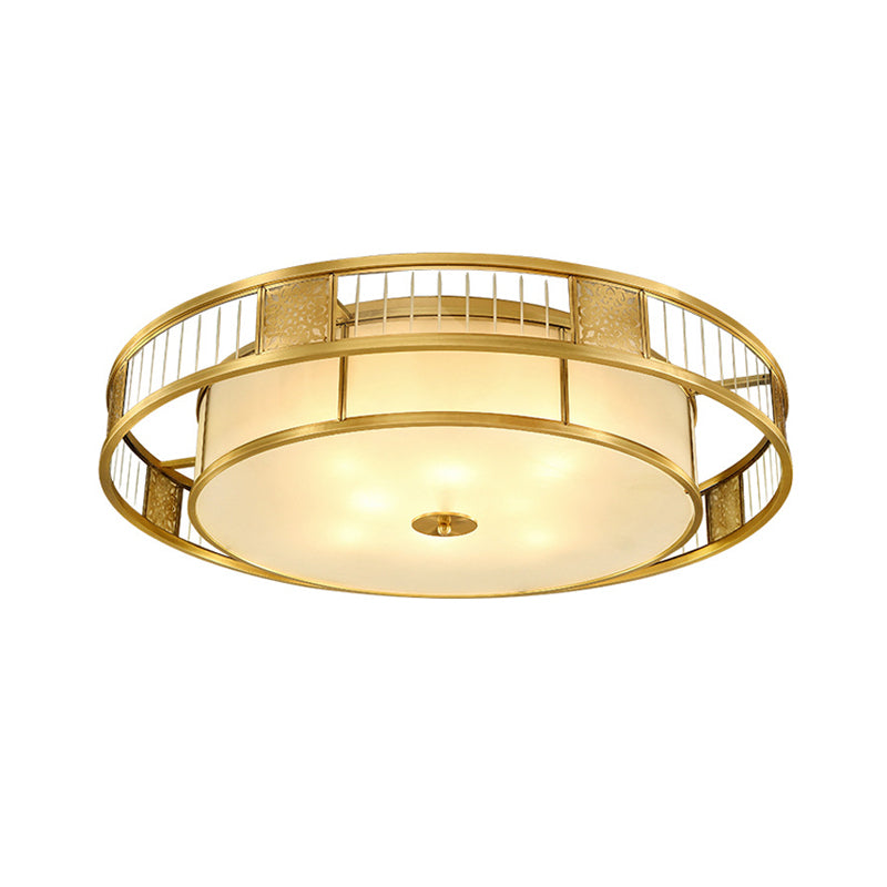 Drum Shaped Living Room Flush Mount Light Classic Cream Glass Gold Flush Mount Fixture with Cutout Metal Decor Clearhalo 'Ceiling Lights' 'Close To Ceiling Lights' 'Close to ceiling' 'Flush mount' Lighting' 2057746