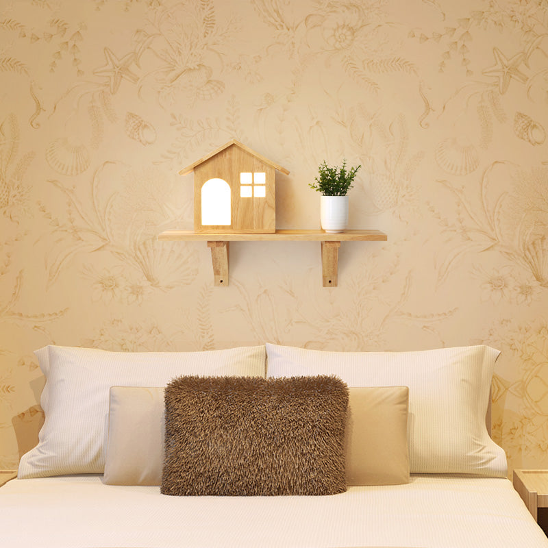 Lovely Little House Wall Light with Shelf Wood LED Wall Lamp in Beige for Living Room Clearhalo 'Wall Lamps & Sconces' 'Wall Lights' Lighting' 205776