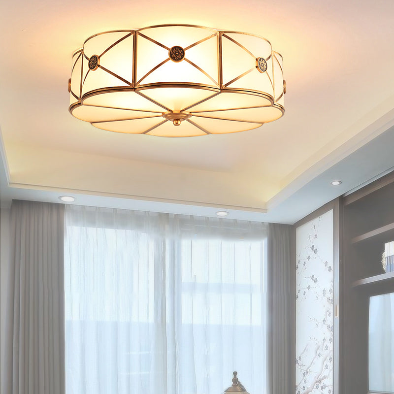 Opal Glass Scalloped Edge Semi Flush Chandelier Vintage Bedroom Flush Lighting Fixture in Gold Clearhalo 'Ceiling Lights' 'Close To Ceiling Lights' 'Close to ceiling' 'Flush mount' Lighting' 2057767