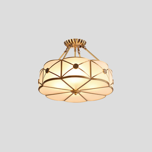 Opal Glass Scalloped Edge Semi Flush Chandelier Vintage Bedroom Flush Lighting Fixture in Gold Clearhalo 'Ceiling Lights' 'Close To Ceiling Lights' 'Close to ceiling' 'Flush mount' Lighting' 2057771