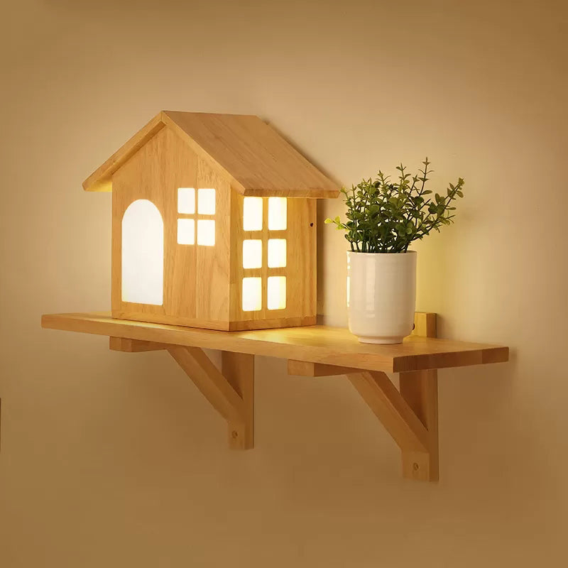 Lovely Little House Wall Light with Shelf Wood LED Wall Lamp in Beige for Living Room Clearhalo 'Wall Lamps & Sconces' 'Wall Lights' Lighting' 205778