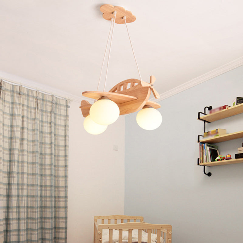 Wood Aircraft Shaped Chandelier Pendant Light Contemporary Beige LED Ceiling Light with Opal Glass Shade Wood Clearhalo 'Ceiling Lights' 'Chandeliers' Lighting' options 2057824_0d9204ab-9fc2-4d71-b3b3-6d8e6ff6e981