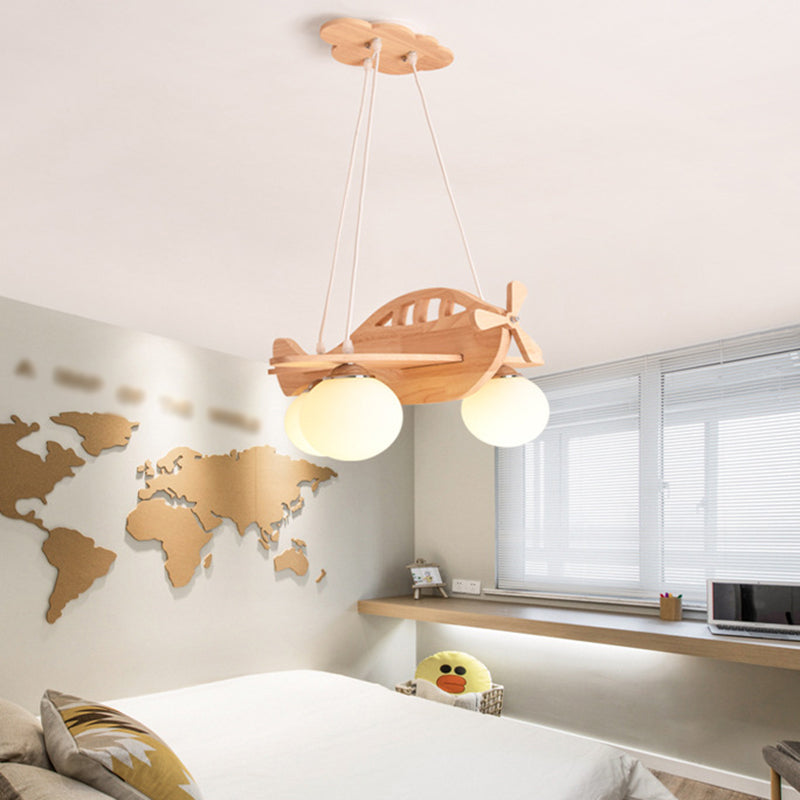 Wood Aircraft Shaped Chandelier Pendant Light Contemporary Beige LED Ceiling Light with Opal Glass Shade Clearhalo 'Ceiling Lights' 'Chandeliers' Lighting' options 2057825