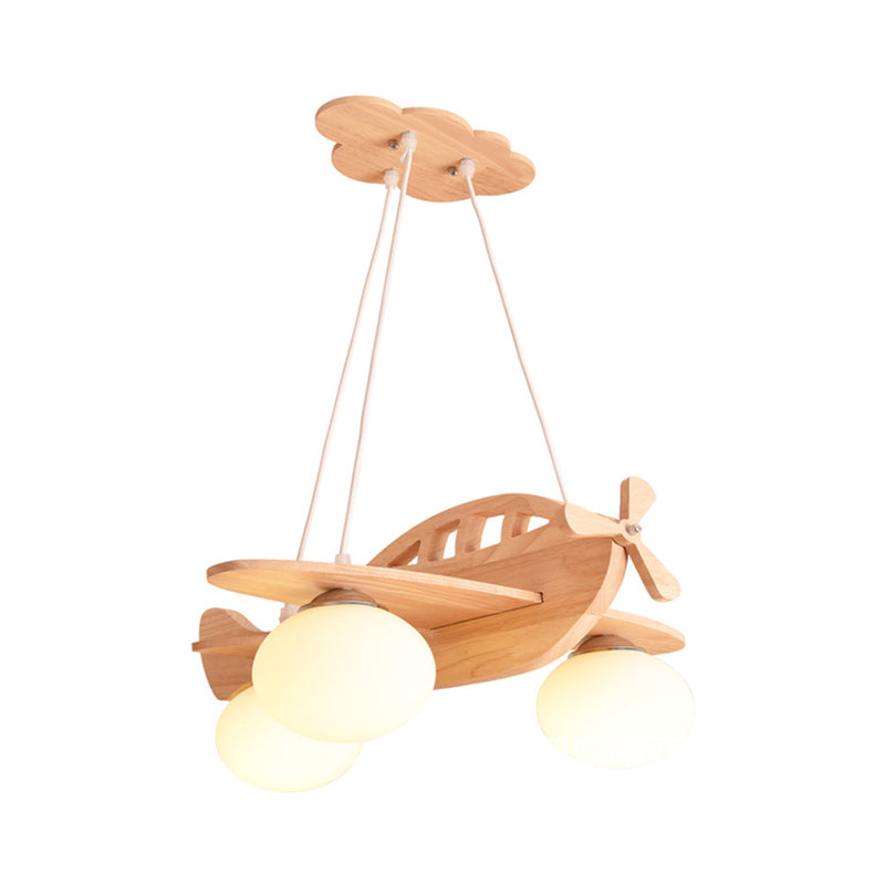 Wood Aircraft Shaped Chandelier Pendant Light Contemporary Beige LED Ceiling Light with Opal Glass Shade Clearhalo 'Ceiling Lights' 'Chandeliers' Lighting' options 2057827